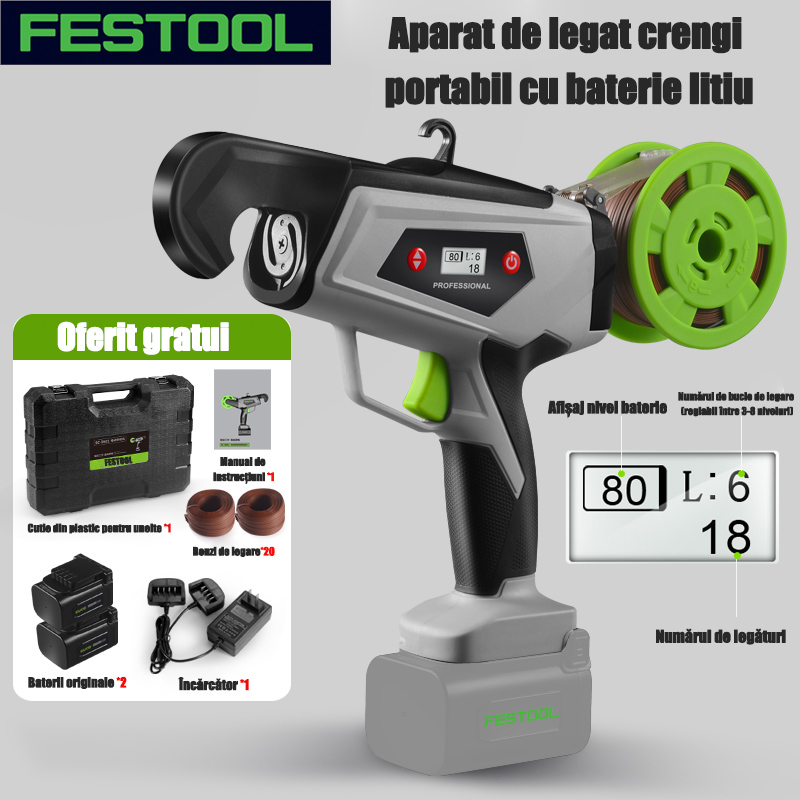 Model îmbunătățit (ecran digital HD + reglaj în 8trepte):Cutie de unelte*1+Baterie*3+Benzi de legare*20+Încărcător*1